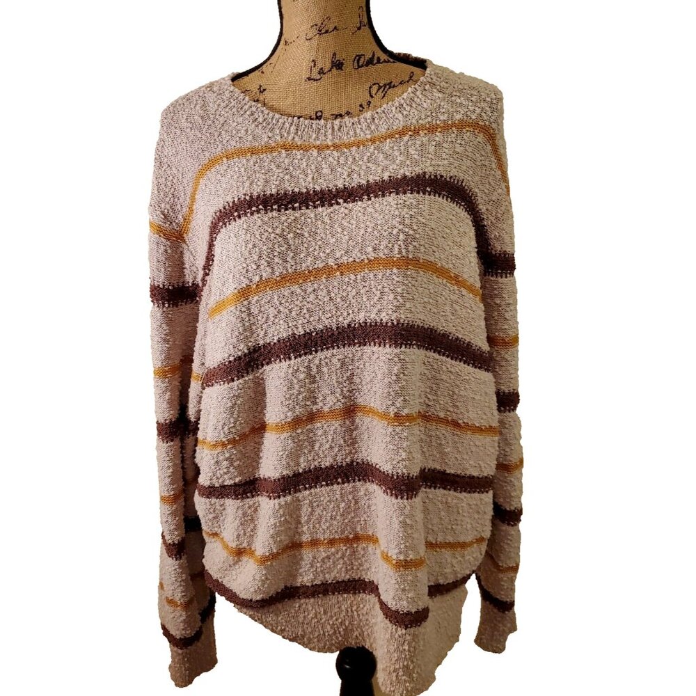 Mason & Belle XXL Pull Over Sweater Crewneck Tan with Brown Gold Stripes Texture